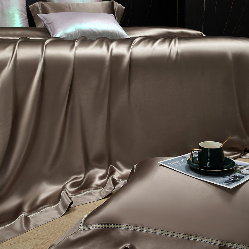 Solenne Mink Bronze Openwork Trim Luxury Pure Mulberry Silk Bedding Set