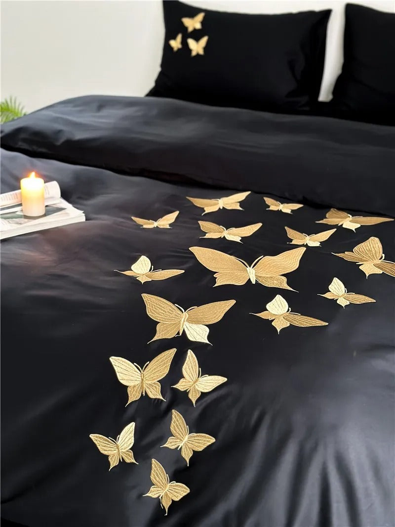 Papillon Butterfly Embroidered Egyptian Cotton Bedding Set