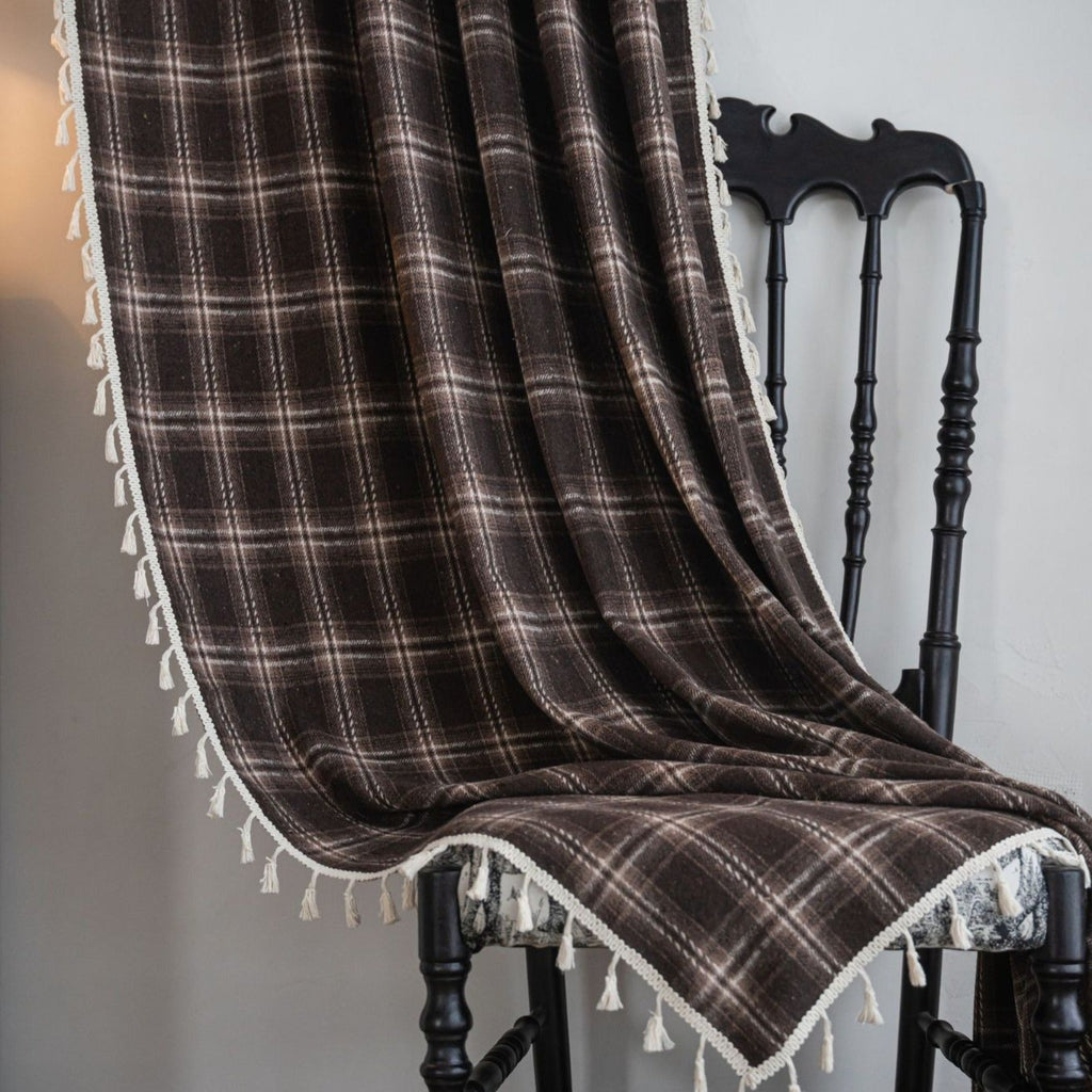 Chocolate Plaid Tassel Curtain