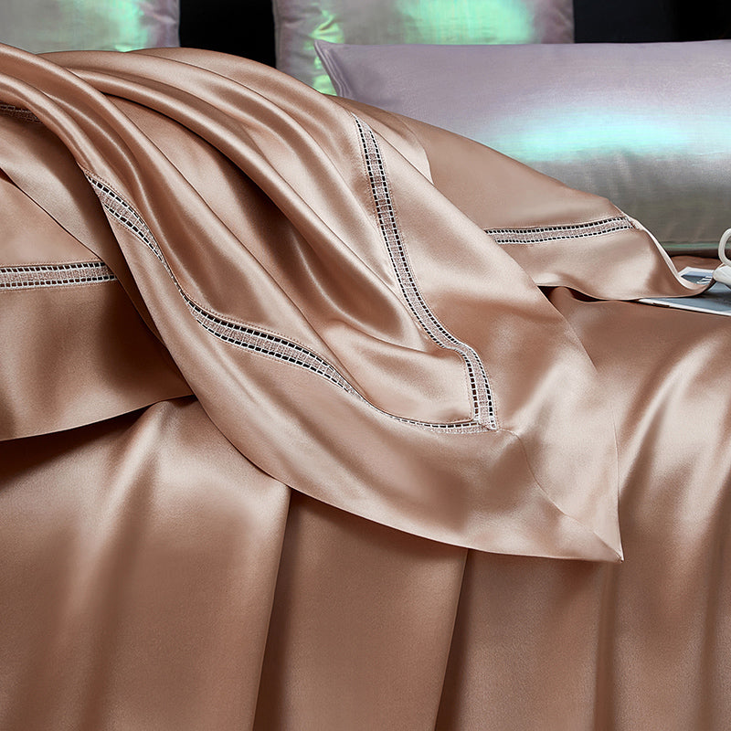 Solenne Cameo Rose Openwork Trim Luxury Pure Mulberry Silk Bedding Set