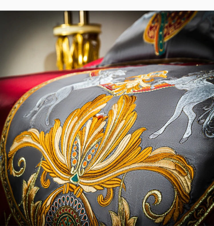 Niki Red Luxury Embroidered Egyptian Cotton Satin Bedding Set