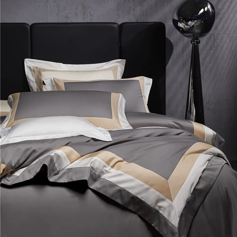 Luxor Grey Stripe Border Egyptian Cotton Bedding Set