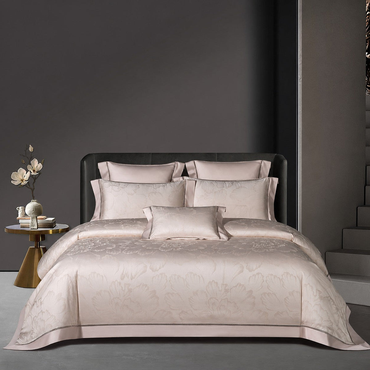 Valmont Blush Ivory Floral Jacquard Tencel Bedding Set