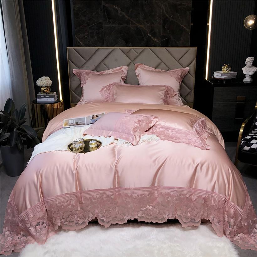 Joanna Pink Scalloped Lace Edge Egyptian Cotton Satin Bedding Set
