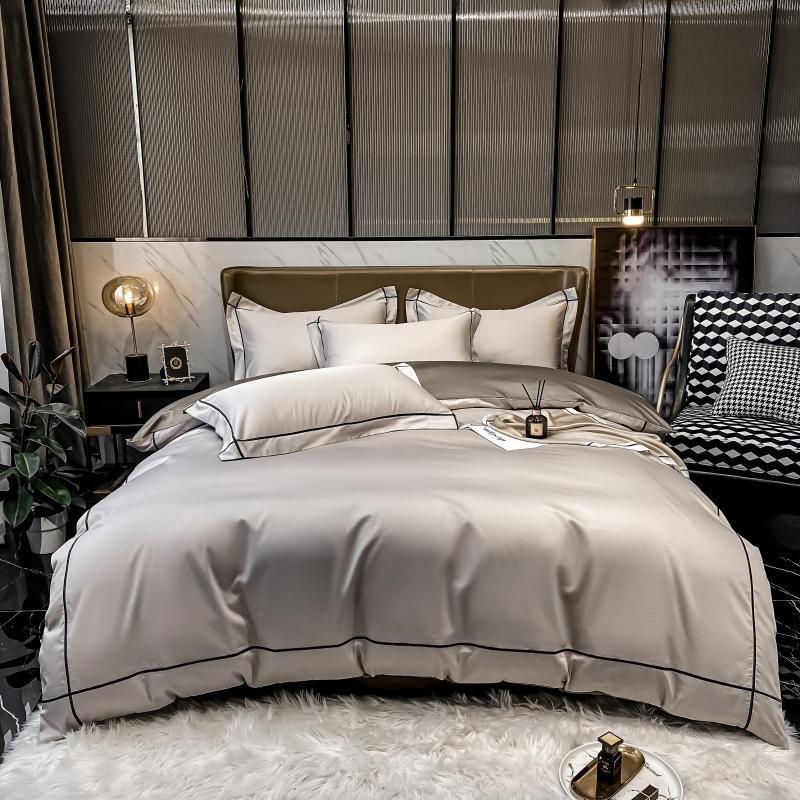 Kaelyn Stone Taupe Hotel Trim Egyptian Cotton Bedding Set