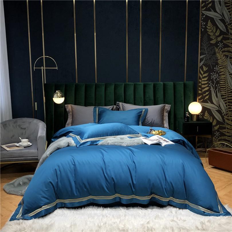 Victoria Blue Embroidered Lined Border Egyptian Cotton Bedding Set