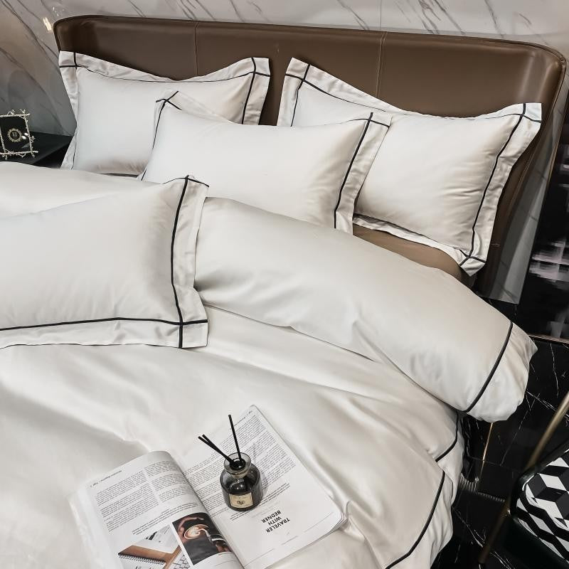 Kaelyn Soft Ivory Hotel Trim Egyptian Cotton Bedding Set