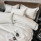 Kaelyn Soft Ivory Hotel Trim Egyptian Cotton Bedding Set