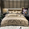 Kaelyn Champagne Beige Hotel Trim Egyptian Cotton Bedding Set
