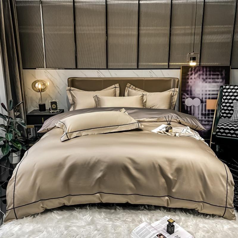 Kaelyn Champagne Beige Hotel Trim Egyptian Cotton Bedding Set