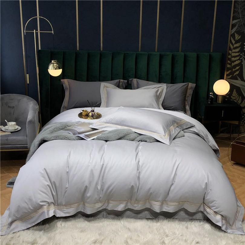 Victoria Silver Embroidered Lined Border Egyptian Cotton Bedding Set