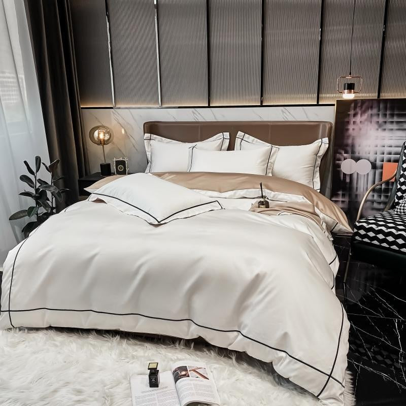 Kaelyn Soft Ivory Hotel Trim Egyptian Cotton Bedding Set
