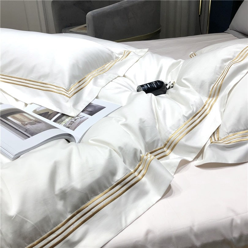 Victoria White Embroidered Lined Border Egyptian Cotton Bedding Set