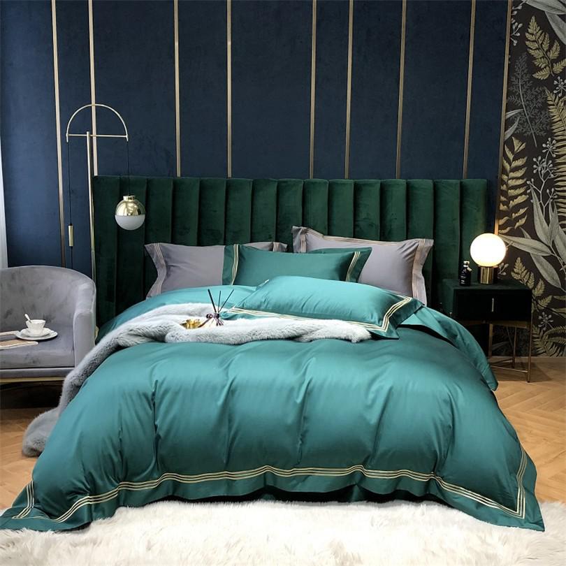 Victoria Green Embroidered Lined Border Egyptian Cotton Bedding Set