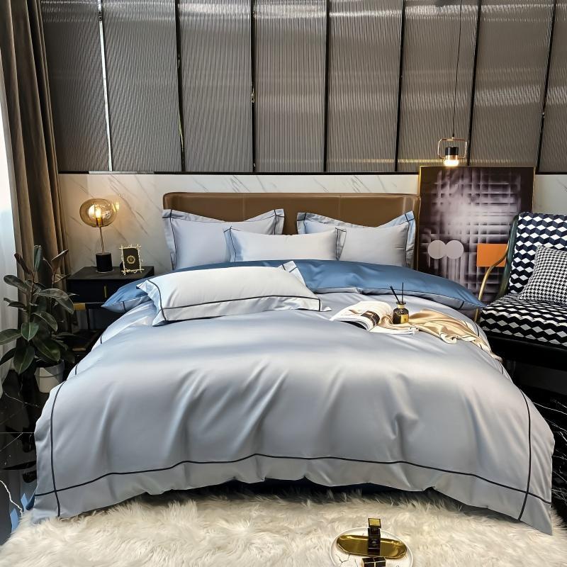 Kaelyn Powder Blue Hotel Trim Egyptian Cotton Bedding Set