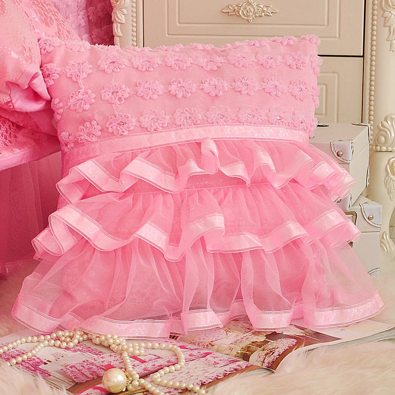Aaliyah Pink Triple Layered Ruffled Cotton Lace Bedding Set