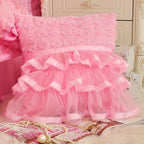 Aaliyah Pink Triple Layered Ruffled Cotton Lace Bedding Set