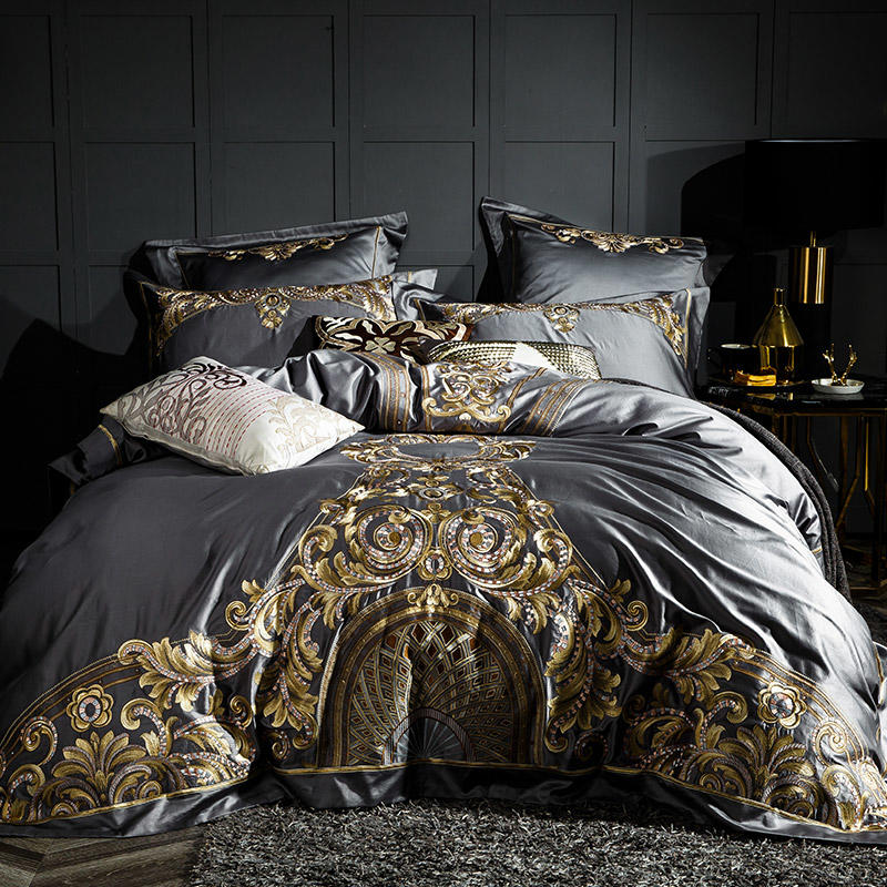 Lezkira Vibrant Grey Luxury Embroidery Egyptian Cotton Bedding Set