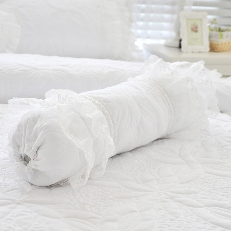 Amani White Double-Layered Ruffled Cotton Lace Bedding Set
