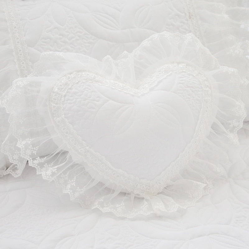 Amani White Double-Layered Ruffled Cotton Lace Bedding Set