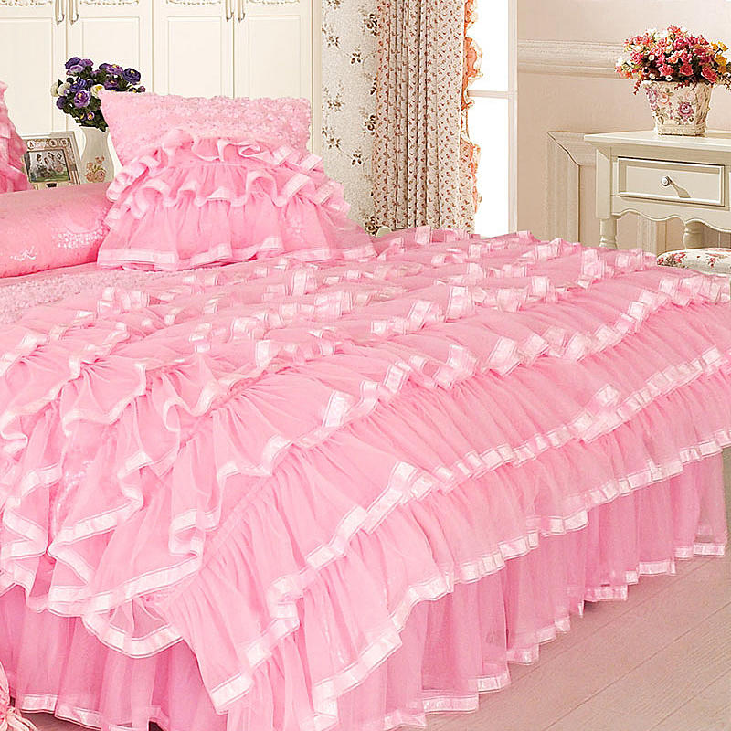 Aaliyah Pink Triple Layered Ruffled Cotton Lace Bedding Set