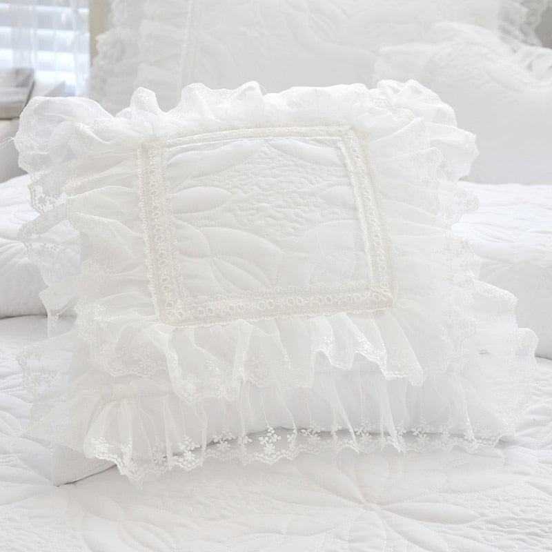 Amani White Double-Layered Ruffled Cotton Lace Bedding Set