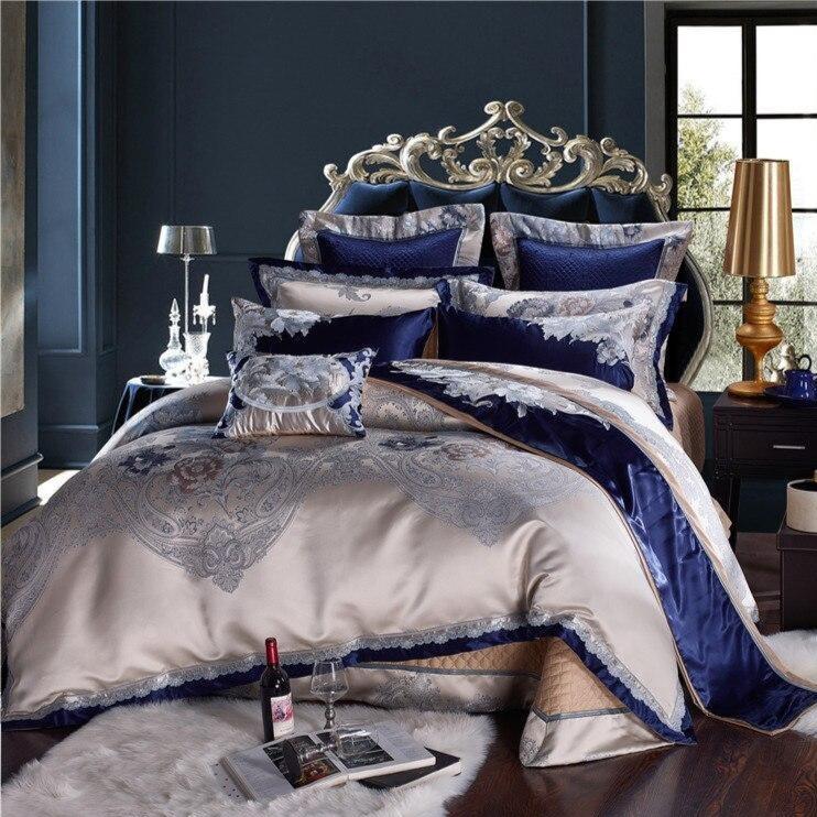 Impero Blue Silver Jacquard Egyptian Cotton Satin Bedding Set