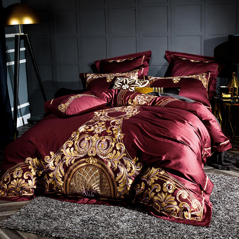 Lezkira Burgundy Luxury Embroidery Egyptian Cotton Bedding Set