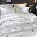 Mazeyna White Silver Butterfly Cotton Silky Satin Bedding Set