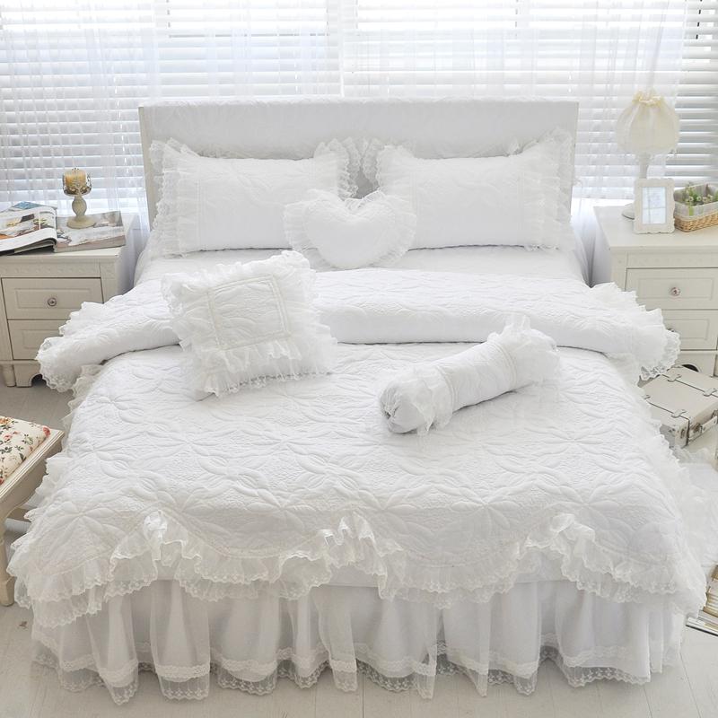 Amani White Double-Layered Ruffled Cotton Lace Bedding Set