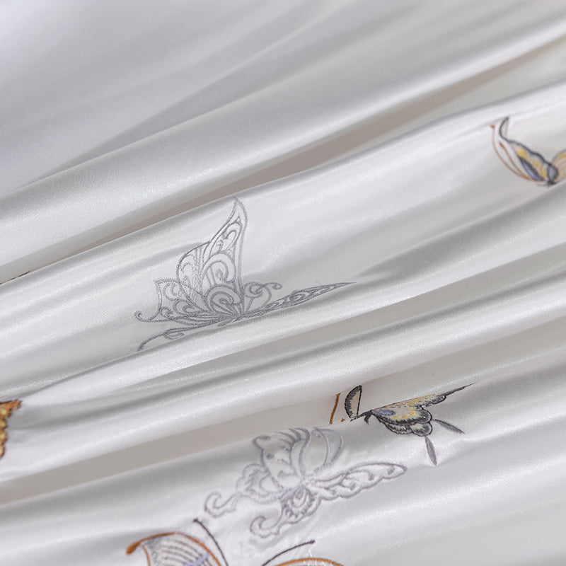 Mazeyna White Silver Butterfly Cotton Silky Satin Bedding Set