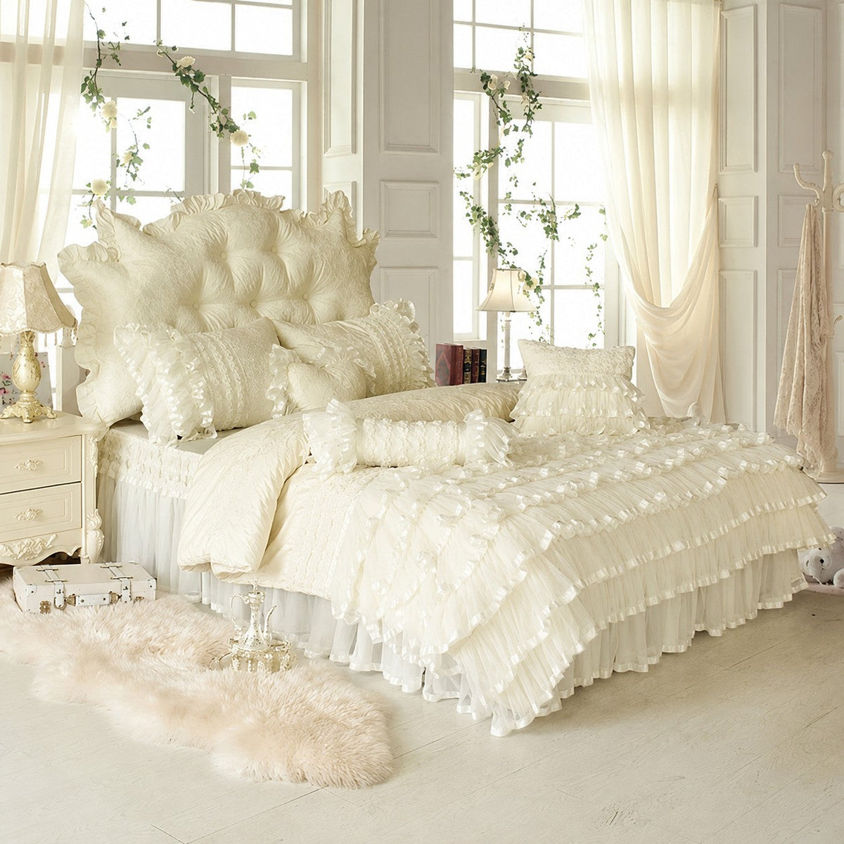 Aaliyah Beige Triple Layered Ruffled Cotton Lace Bedding Set