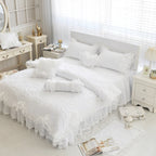 Amani White Double-Layered Ruffled Cotton Lace Bedding Set