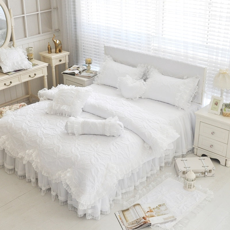 Amani White Double-Layered Ruffled Cotton Lace Bedding Set