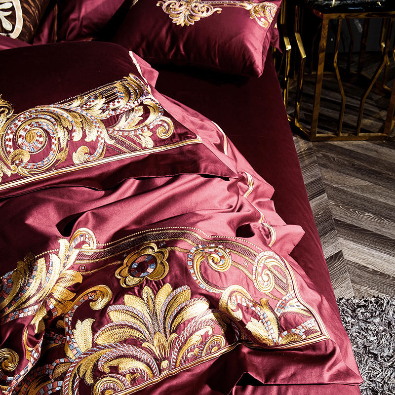 Lezkira Burgundy Luxury Embroidery Egyptian Cotton Bedding Set