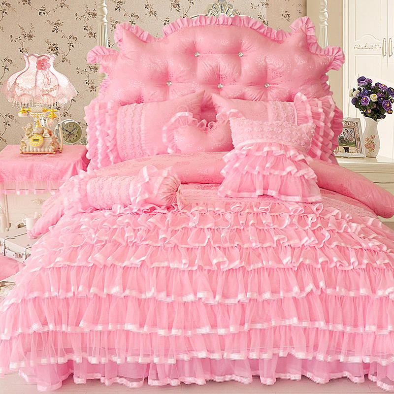 Aaliyah Pink Triple Layered Ruffled Cotton Lace Bedding Set