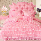 Aaliyah Pink Triple Layered Ruffled Cotton Lace Bedding Set
