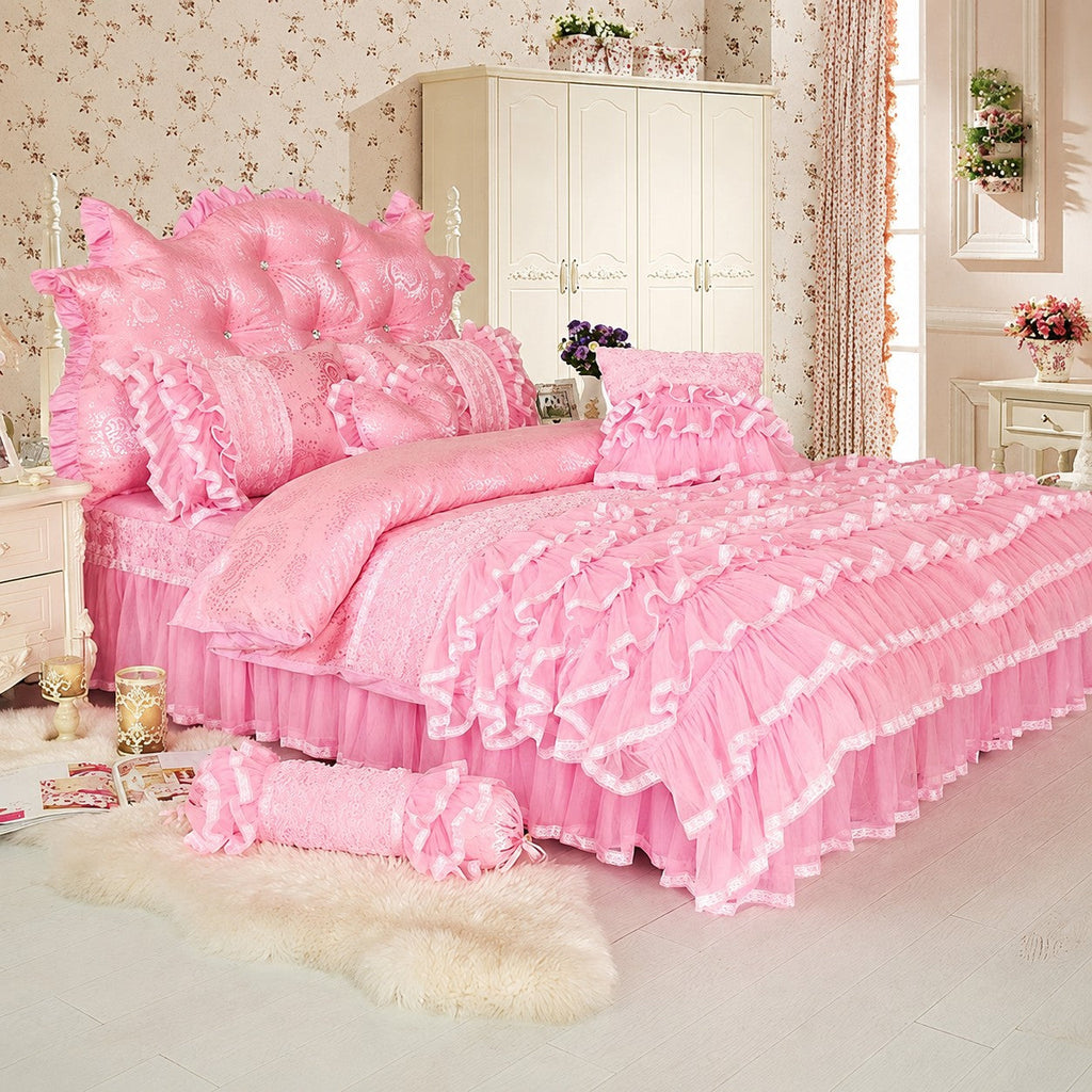 Aaliyah Pink Triple Layered Ruffled Cotton Lace Bedding Set