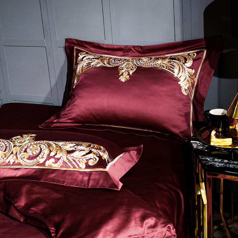 Lezkira Burgundy Luxury Embroidery Egyptian Cotton Bedding Set