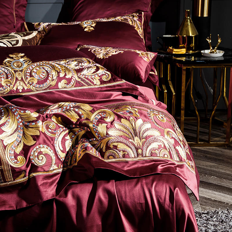 Lezkira Burgundy Luxury Embroidery Egyptian Cotton Bedding Set