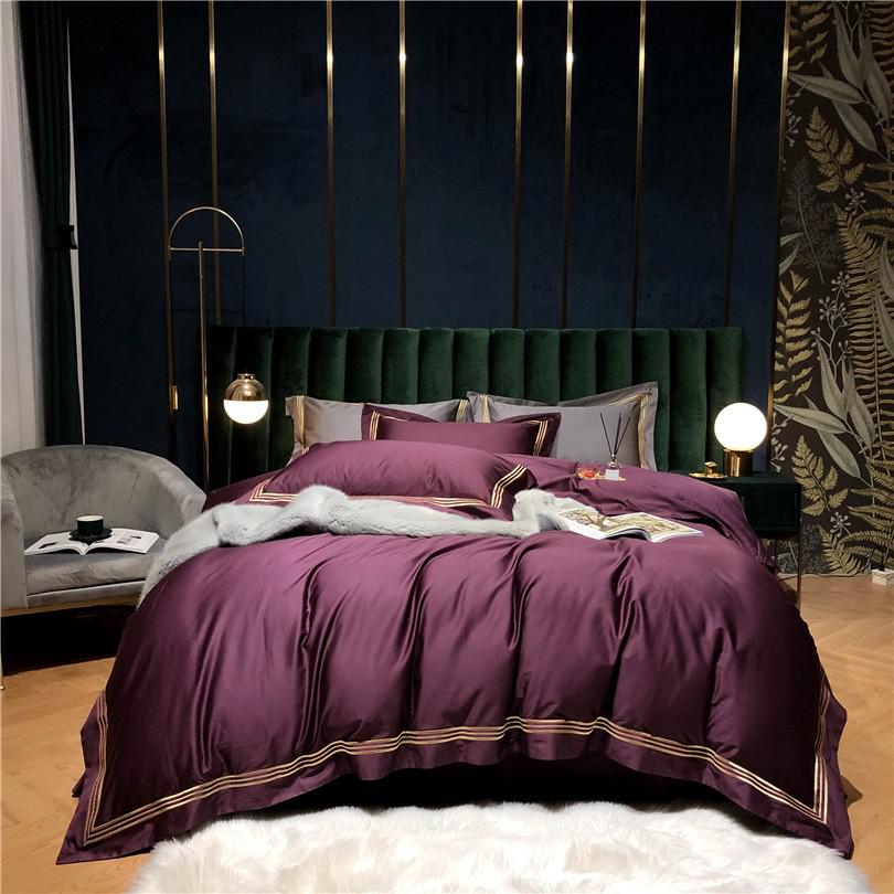 Victoria Plum Embroidered Lined Border Egyptian Cotton Bedding Set