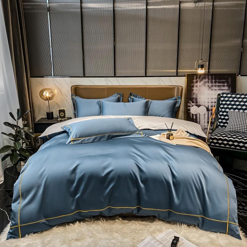 Kaelyn Steel Blue Hotel Trim Egyptian Cotton Bedding Set