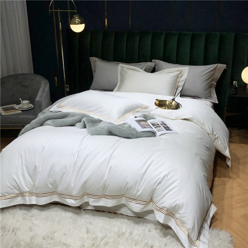 Victoria White Embroidered Lined Border Egyptian Cotton Bedding Set