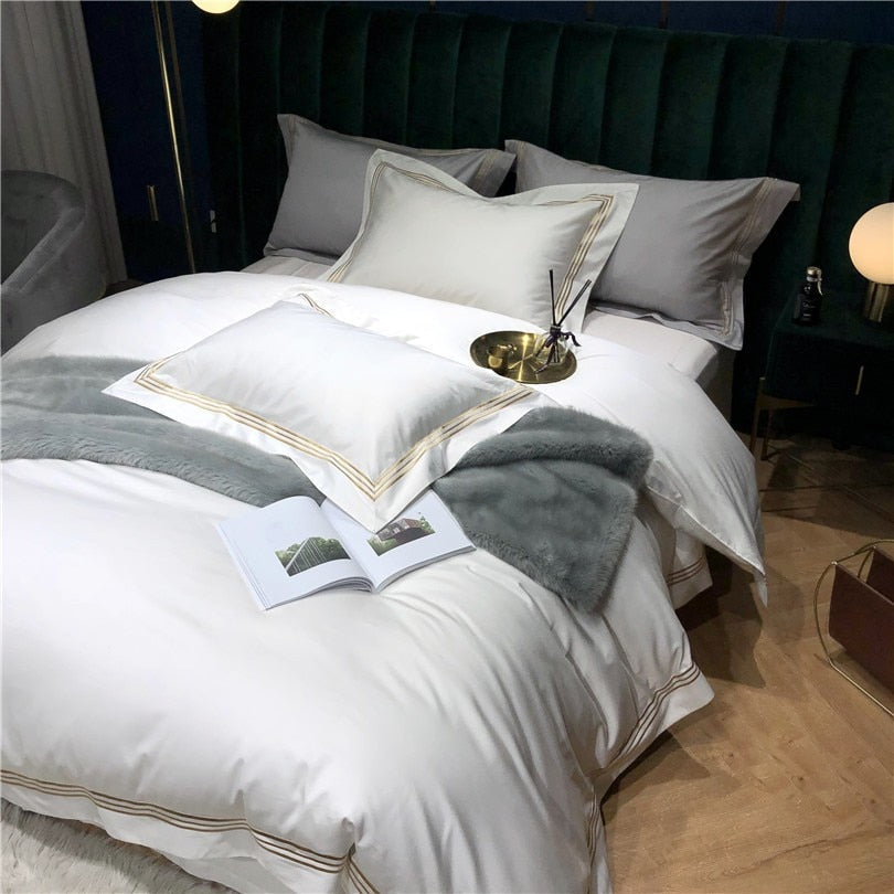 Victoria White Embroidered Lined Border Egyptian Cotton Bedding Set