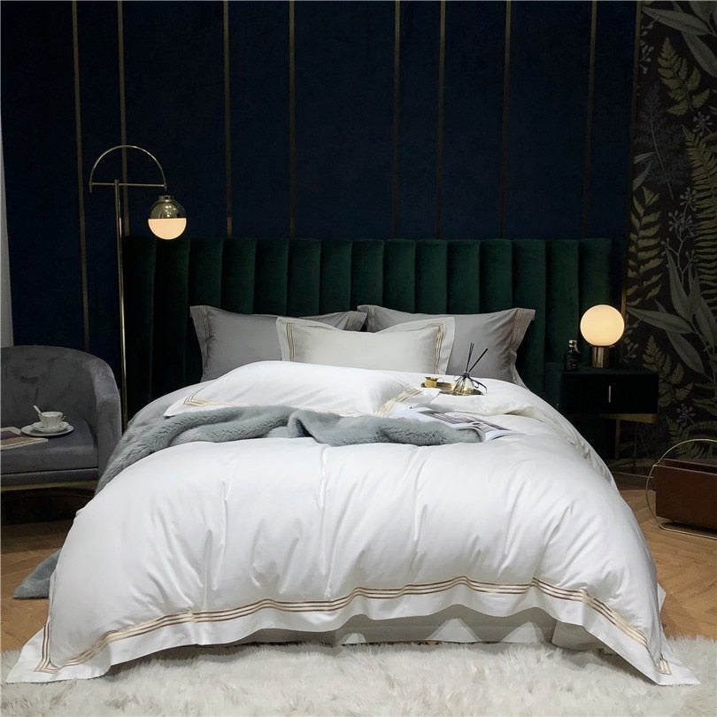 Victoria White Embroidered Lined Border Egyptian Cotton Bedding Set