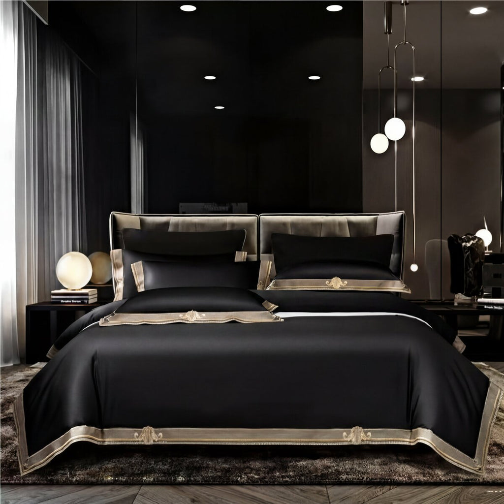 Anahi Black Embroidered Motif Border Egyptian Cotton Bedding Set