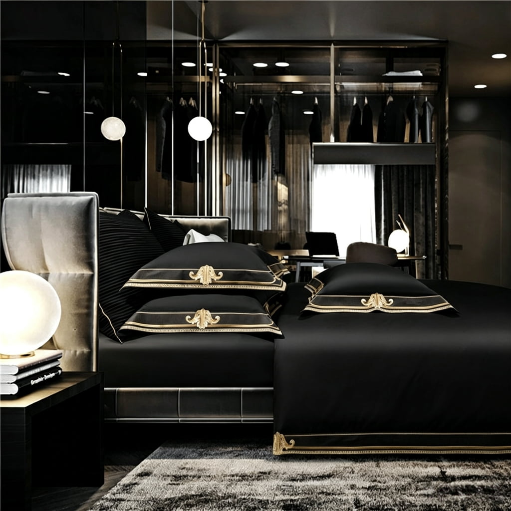 Anahi Black Embroidered Motif Border Egyptian Cotton Bedding Set
