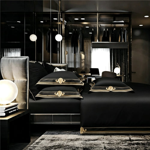 Anahi Black Embroidered Motif Border Egyptian Cotton Bedding Set