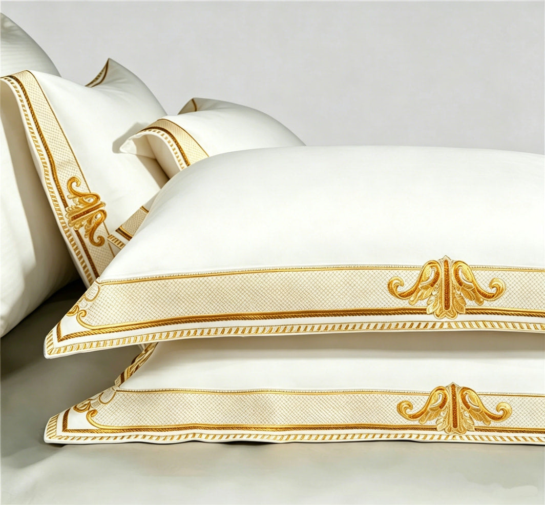 Anahi White Embroidered Motif Border Egyptian Cotton Bedding Set