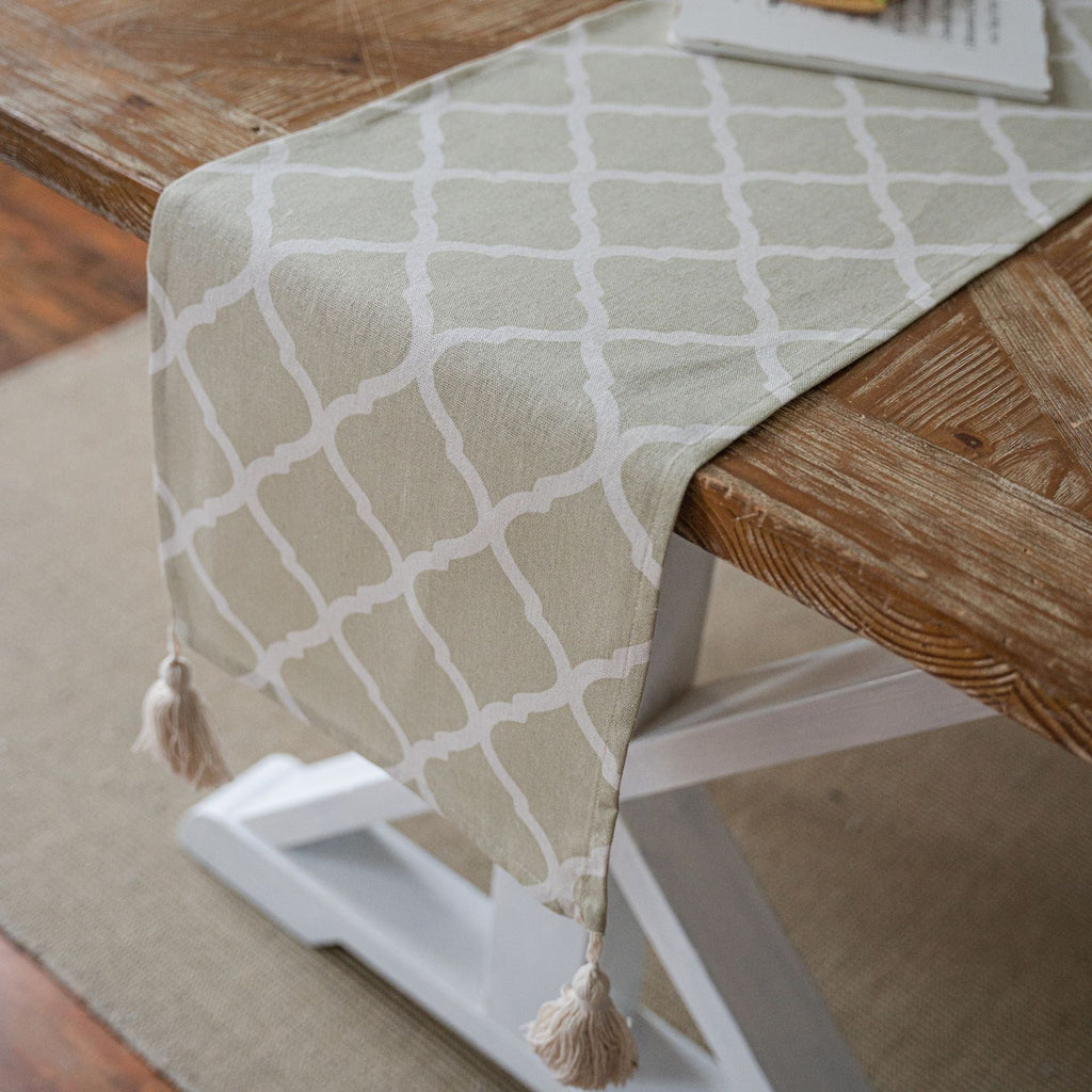 Soft Sage Rhombus Tassel Runner